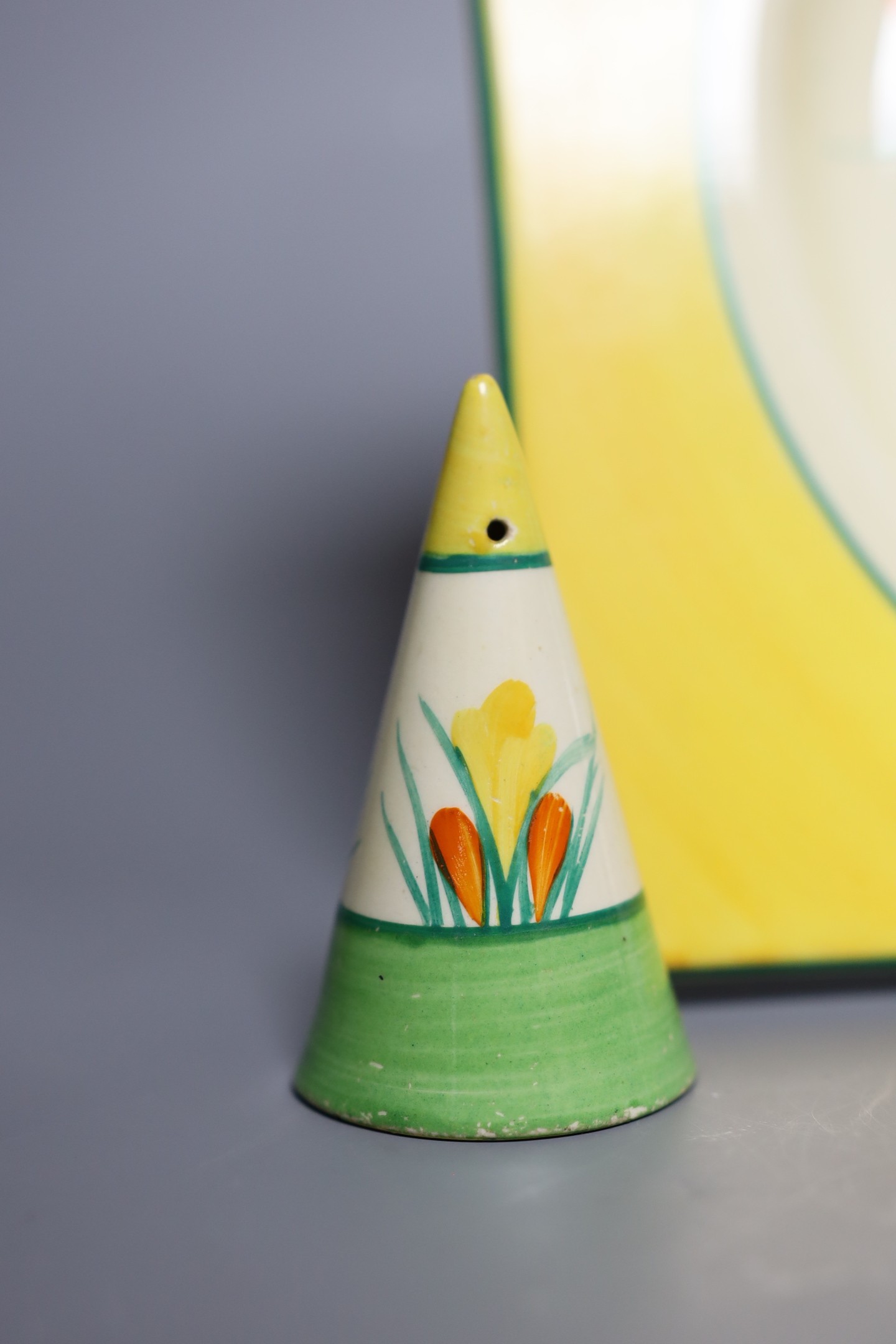 Clarice Cliff Sungleam Crocus, salt and pepper pots. trencher plate, plate 26.5 cms wide